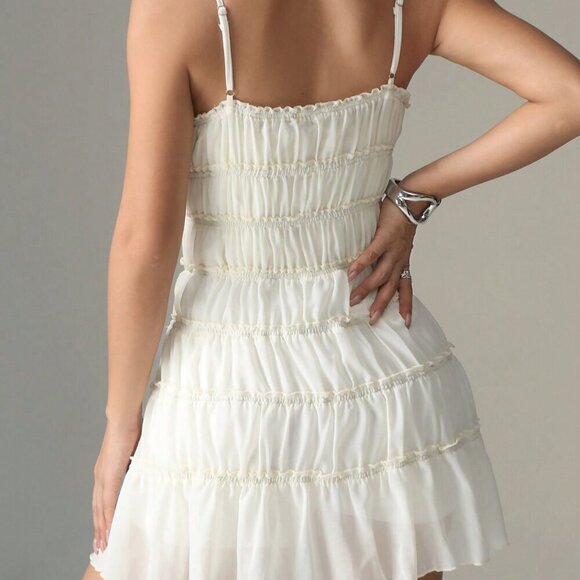 Beige Casual Women's Solid Color Tie-Up Ruched Slip Dress - Picture 2 of 4